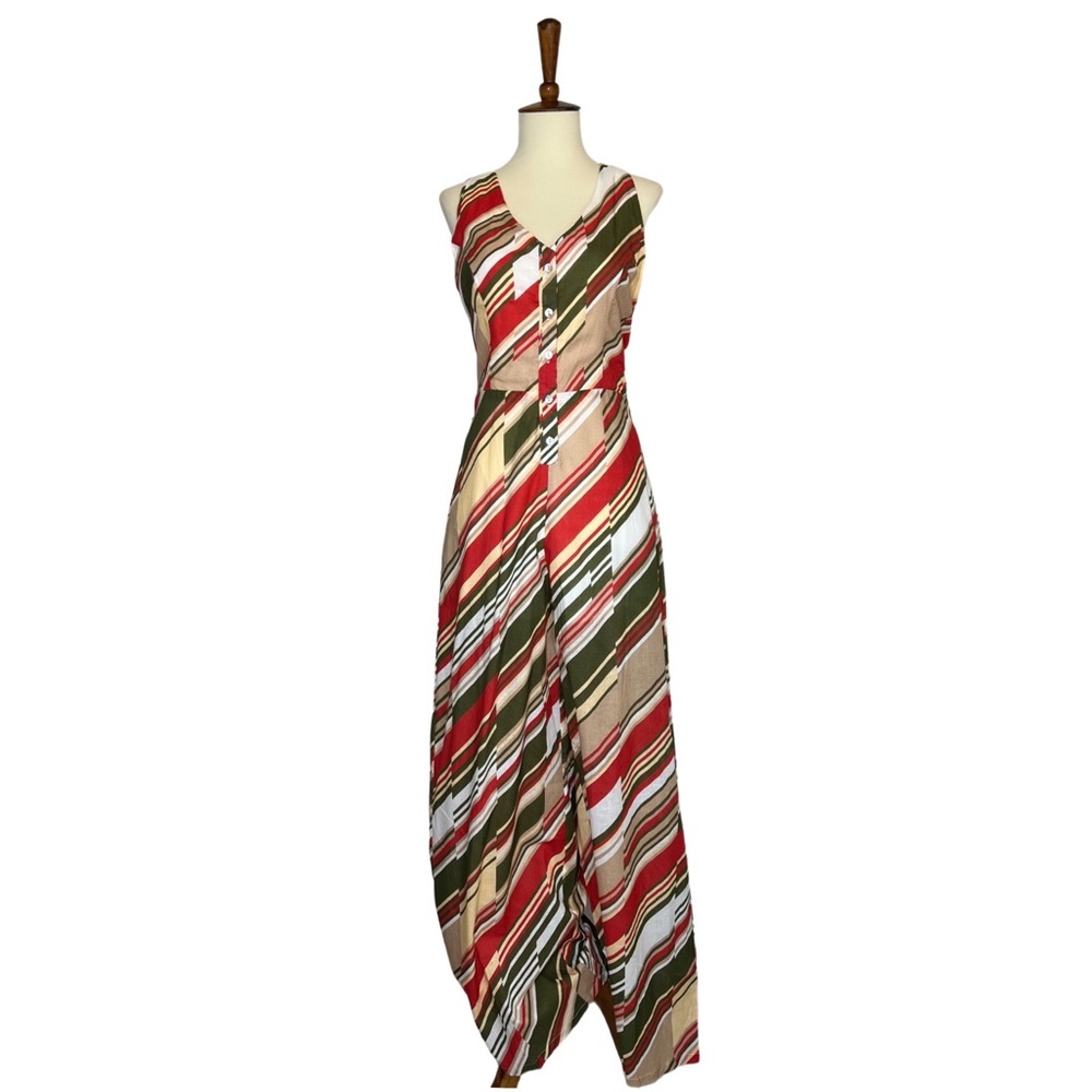 Retro Army Green Cream & Red Abstract Open Back Halter Jumpsuit - Picture 5 of 14